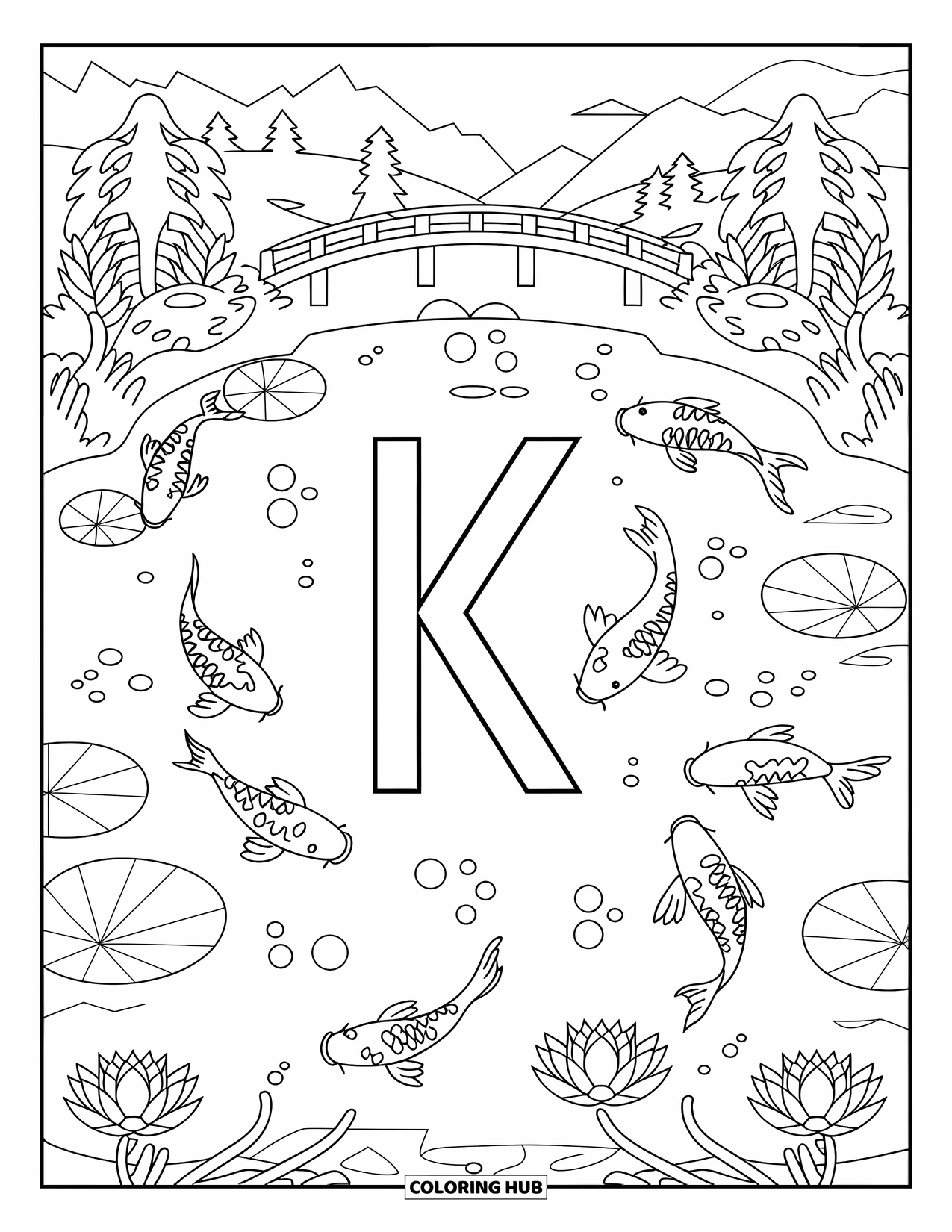 Letter K Coloring Page for Kids: Koi fish and lotus flowers surround the letter K in a peaceful pond scene