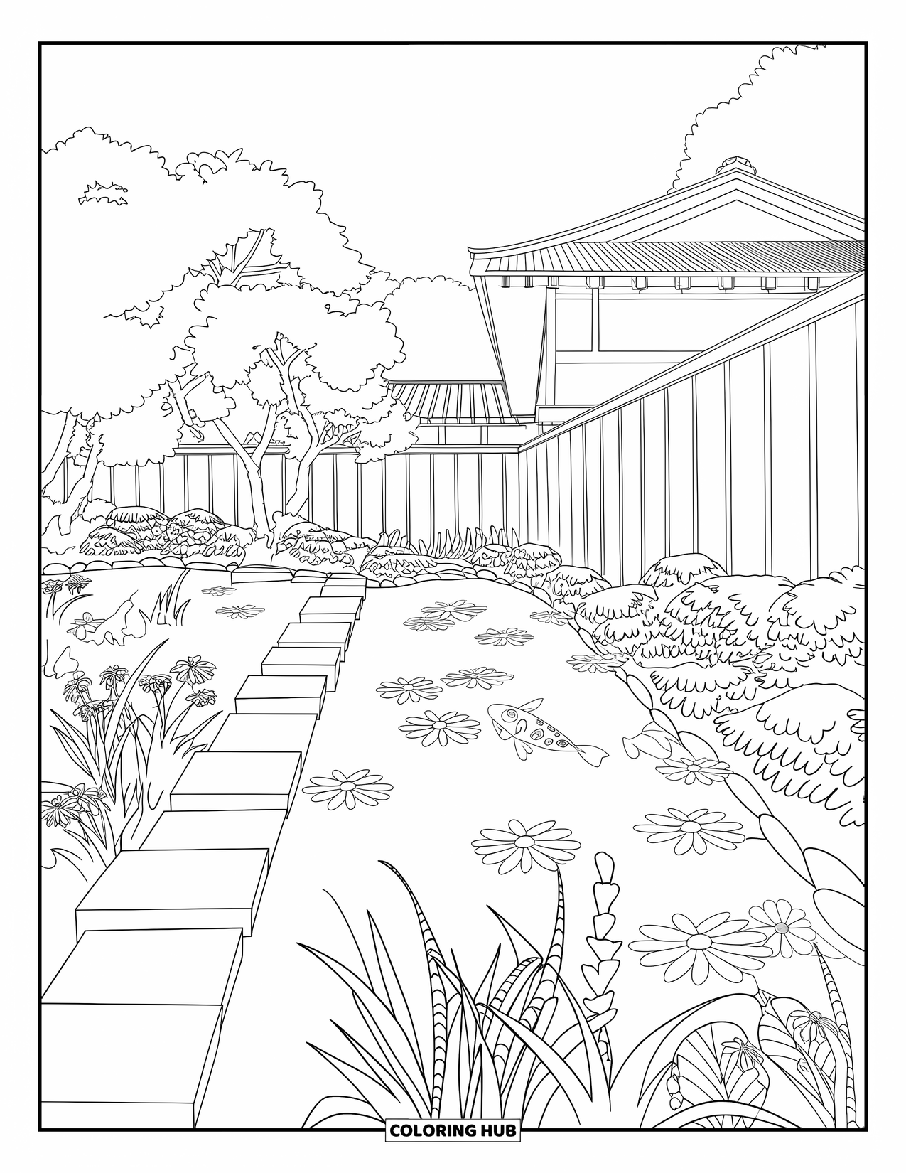 Letter K Coloring Page for Kids: Koi fish swim through a calm pond garden filled with flowers and trees