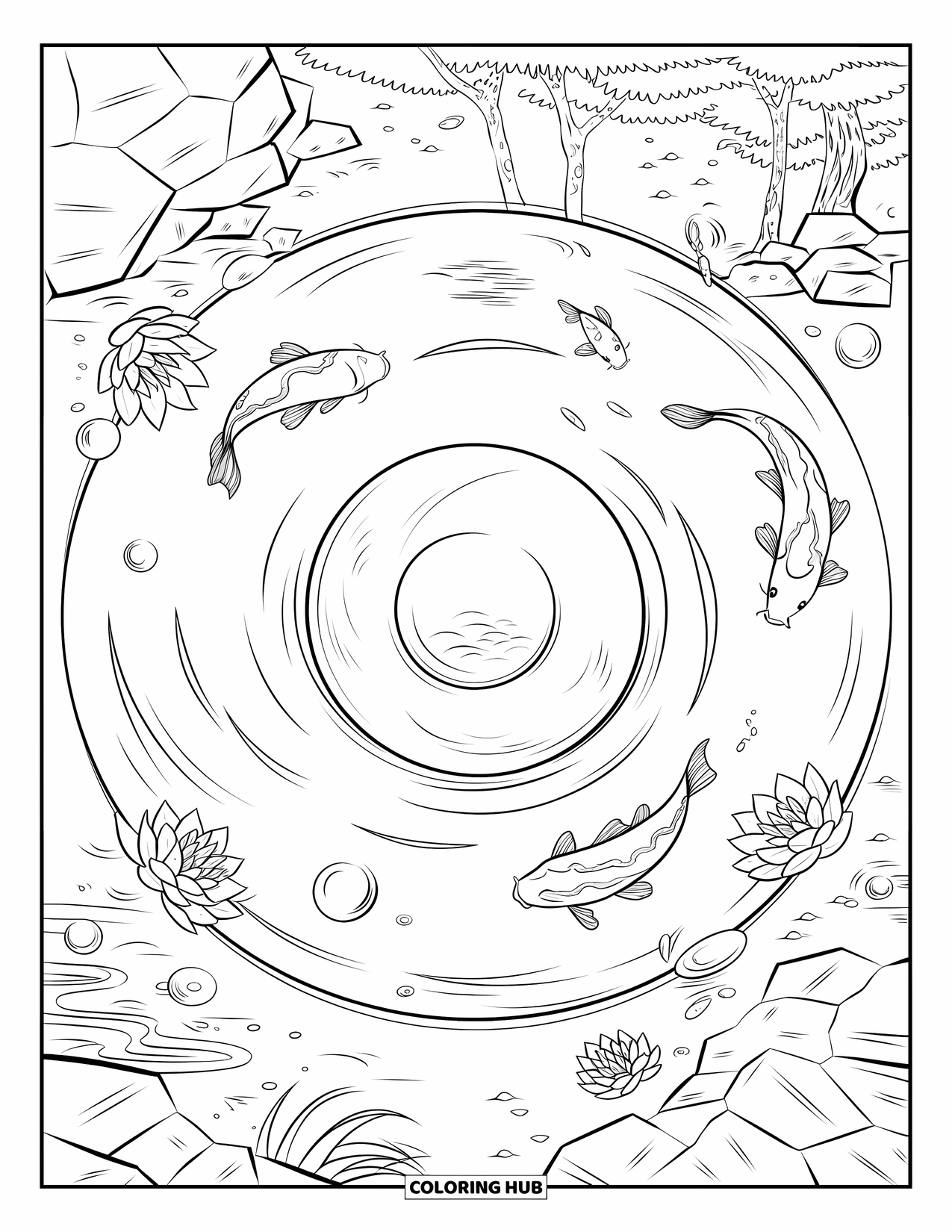 Letter K Coloring Page for Kids: Koi swim and lotus bloom around a round object in a peaceful pond