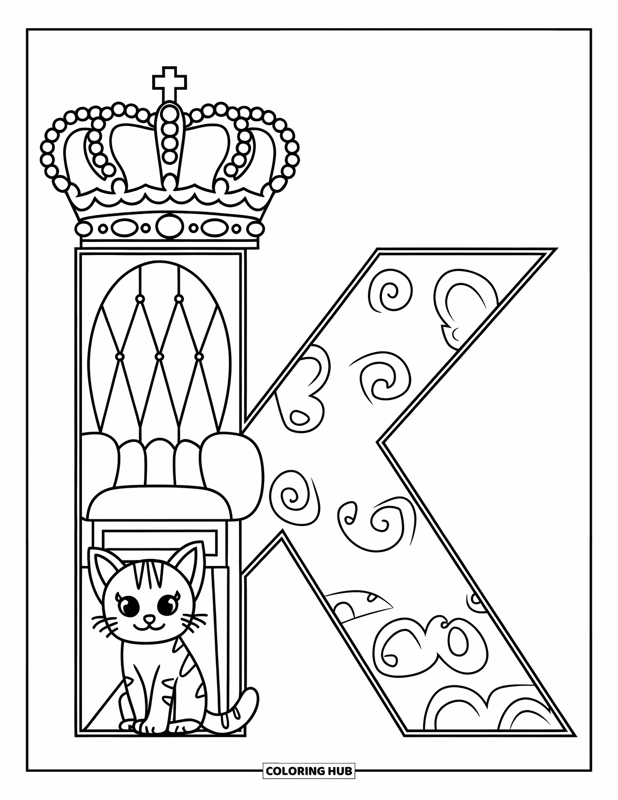Letter K Coloring Page for Kids: The letter K is decorated with a crown, throne, and a tiny kitten