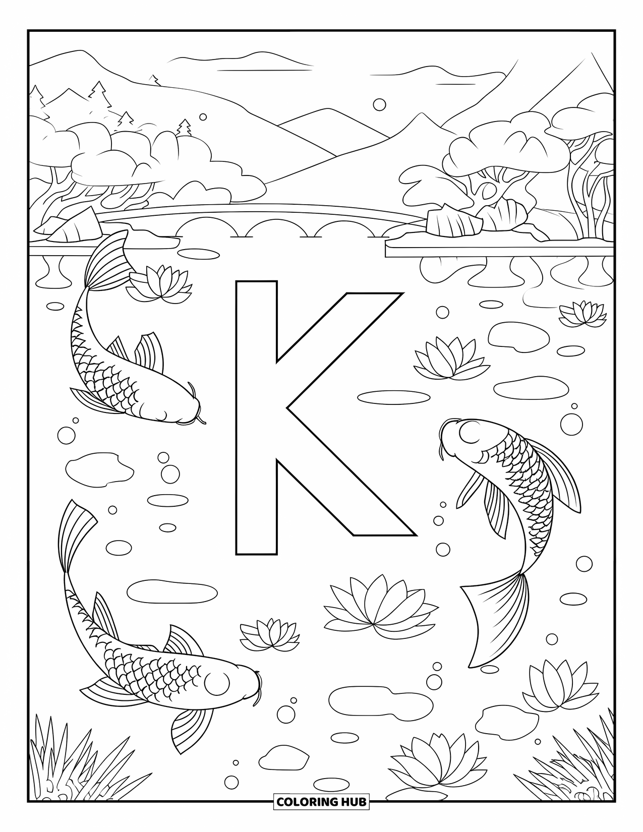 Letter K Coloring Page for Kids: The letter K sits in a pond with koi fish, lotus flowers, and bubbles