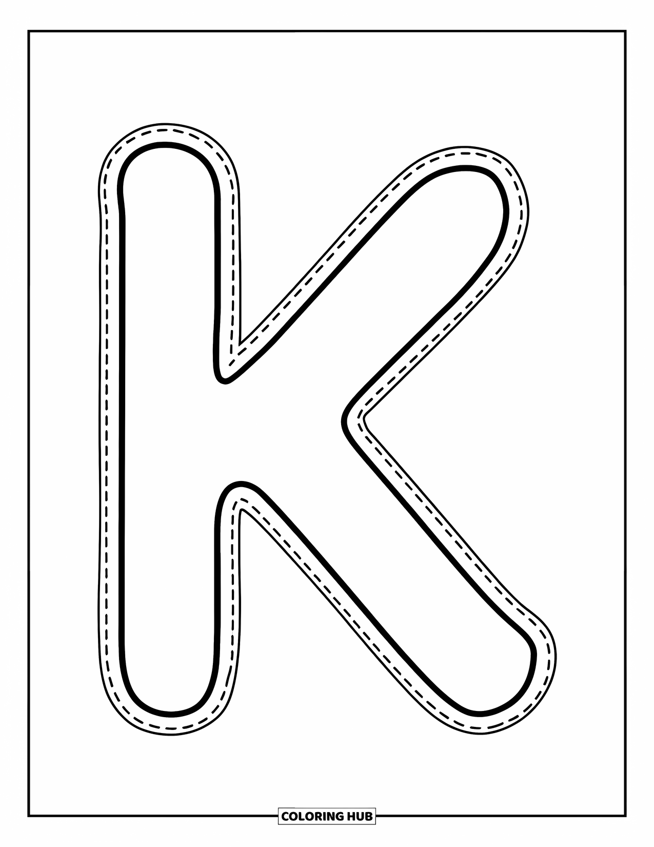 Letter K Coloring Page for Kids: Uppercase K in dotted lines perfect for tracing and early learners