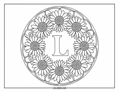 Coloriage de la lettre L pour adultes : Une grande lettre L trône au centre d'un mandala de tournesols et de lianes