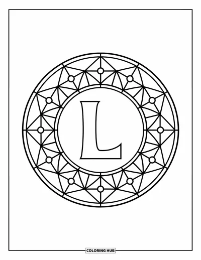 Coloriage de la lettre L pour adultes : Une grande lettre L est inscrite dans un cercle de fleurs style vitrail