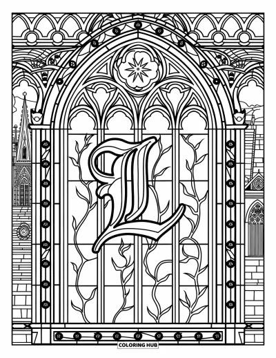 Coloriage de la lettre L pour adultes : Une fenêtre de cathédrale en vitrail de lianes encadre la lettre L