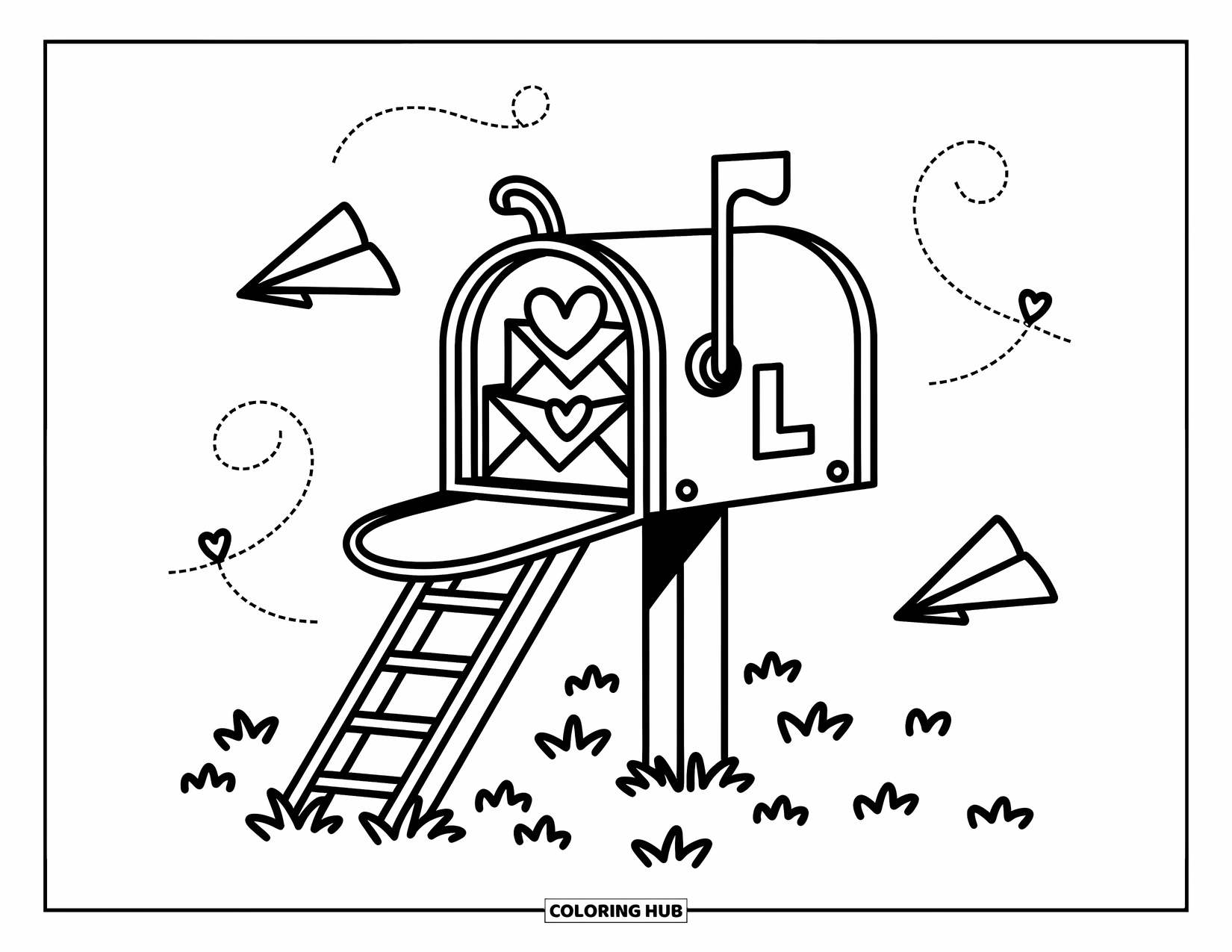 Letter L Coloring Page for Adults: A cheerful mailbox with L is surrounded by floating letters and little paper planes