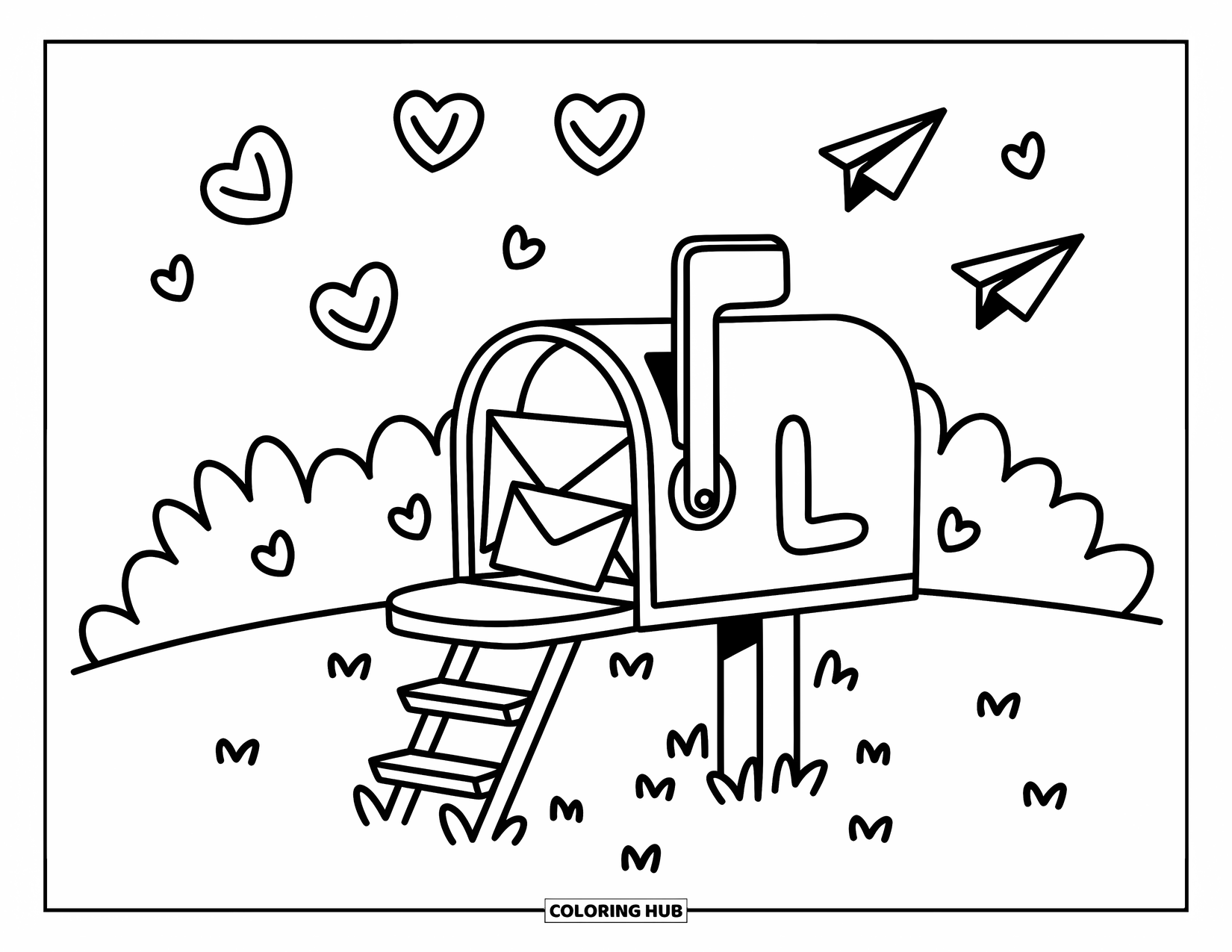 Letter L Coloring Page for Adults: A cozy mailbox with L and flying heart-stamped letters creates a sweet lawn scene