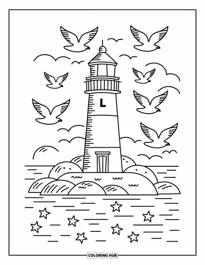 Coloriage de la lettre L pour adultes : Un mignon phare forme un L au bord de la plage avec des étoiles de mer et des mouettes en vol