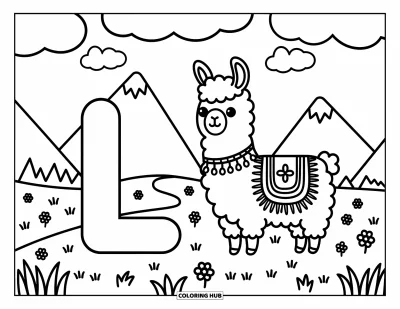 Coloriage de la lettre L pour adultes : Un mignon lama avec une couverture douillette se tient à côté de la lettre L dans une vallée de montagne