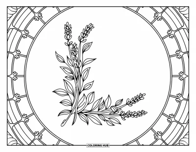Coloriage de la lettre L pour adultes : Un délicat L en lavande est encadré par un cercle de vitrail fleuri