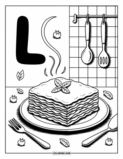 Coloriage de la lettre L pour adultes : Une délicieuse lasagne repose près du L avec des dessins de basilic et un mur de cuisine carrelé