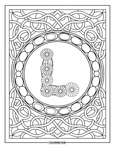Coloriage de la lettre L pour adultes : Un cercle de vitrail fleuri encadre la lettre L en son centre