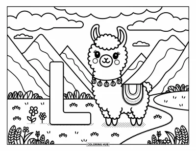 Coloriage de la lettre L pour adultes : Un lama joyeux avec une couverture à motifs se tient à côté du L dans une vallée sereine