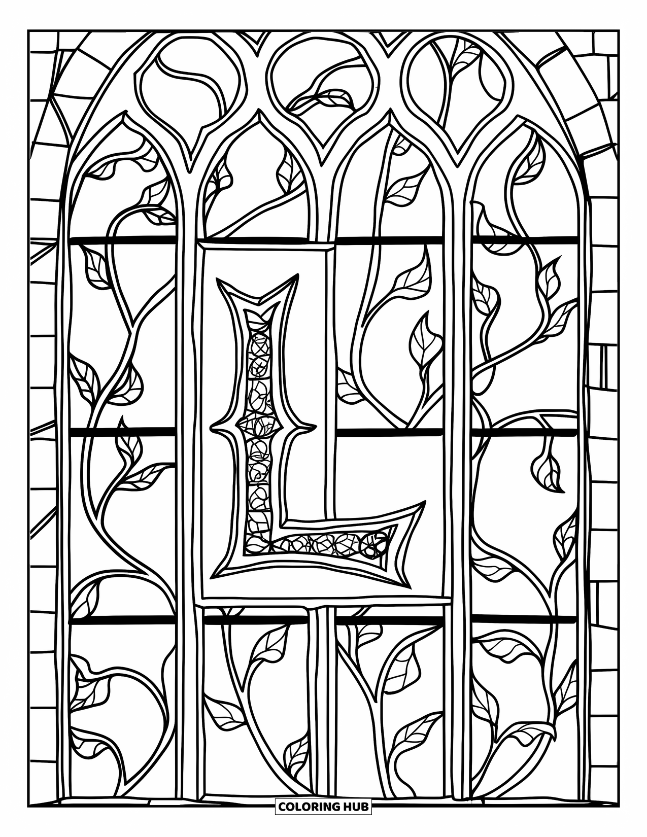 Letter L Coloring Page for Adults: A medieval L rests in a window of patterned vines and cracked stone