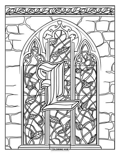 Coloriage de la lettre L pour adultes : Un L de style médiéval repose dans une fenêtre ornée de lianes et de pierre sculptée