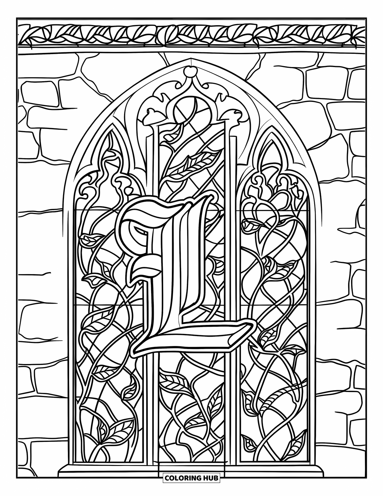 Letter L Coloring Page for Adults: A medieval-style L sits in an ornate window of vines and carved stone