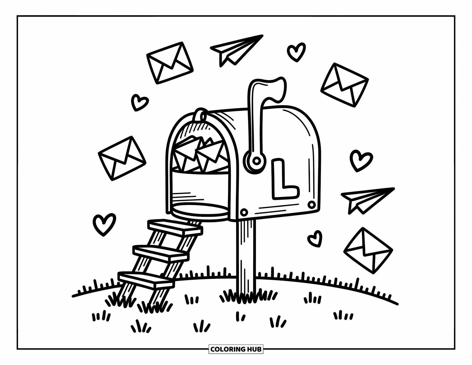 Letter L Coloring Page for Adults: A playful mailbox with the letter L has flying notes and a tiny ladder