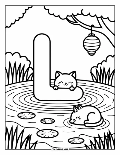 Coloriage de la lettre L pour adultes : Un chat assoupi et une lanterne reposent près du L dans un étang tranquille avec des nénuphars
