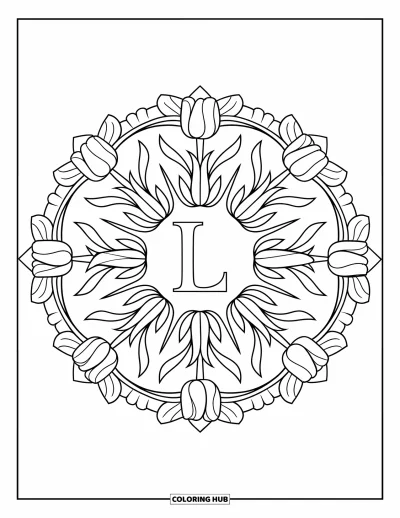 Coloriage de la lettre L pour adultes : Un mandala de tulipes aux pétales feuillus entoure une grande lettre L