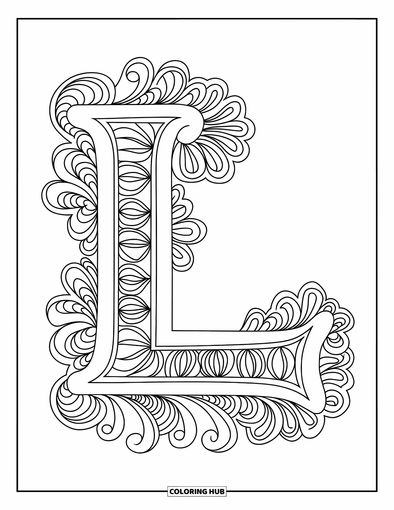 Letter L Coloring Page for Adults: An elegant L is framed with lacy curls and floral designs