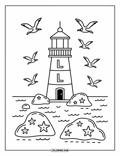 Coloriage de la lettre L pour adultes : Un phare en forme de L repose sur des rochers avec des vagues, des étoiles de mer et des mouettes espiègles