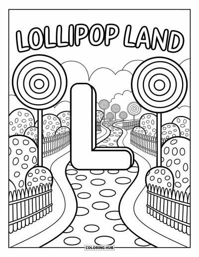 Coloriage de la lettre L pour adultes : Grand L vous accueille dans un village de bonbons avec des buissons de pastilles et des arbres à sucettes