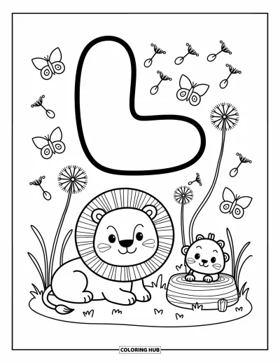 Coloriage de la lettre L pour adultes : Les lettres L et l en style bulles sont assises à côté d'un lion, d'un lézard et de papillons dans l'herbe