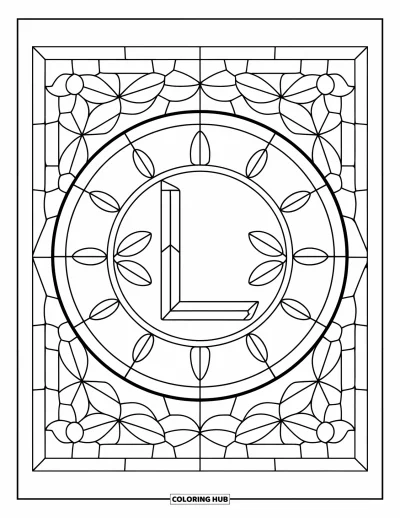 Coloriage de la lettre L pour adultes : Des fleurs géométriques et un cadre circulaire entourent la lettre L