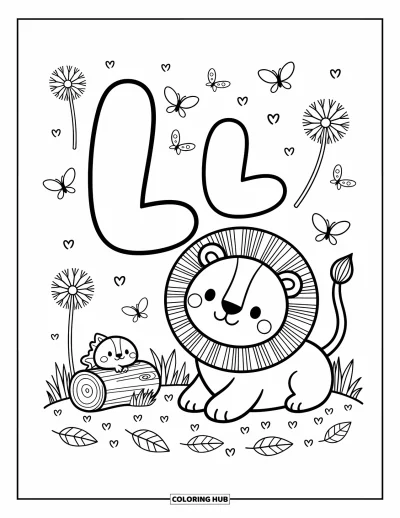 Coloriage de la lettre L pour adultes : L et l se trouvent près d'un lion souriant, de papillons espiègles et d'un petit lézard curieux
