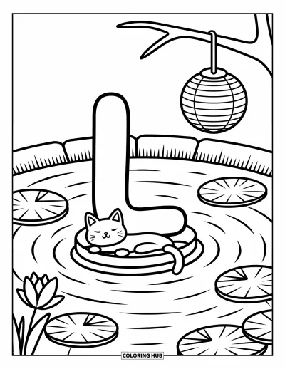 Coloriage de la lettre L pour adultes : L dérive sur un étang tandis qu'un chat nonchalant et une lanterne apportent un charme douillet