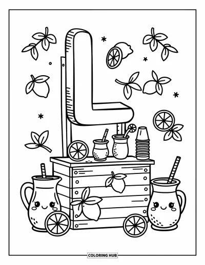 Coloriage de la lettre L pour adultes : L soutient un stand de limonade plein de douces carafes et de détails citronnés joyeux