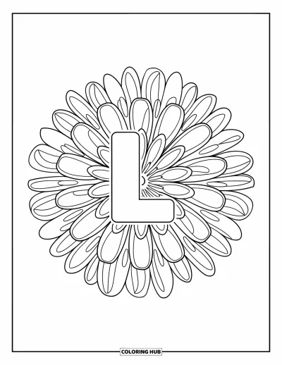 Coloriage de la lettre L pour adultes : Le L est centré dans un mandala de marguerites fait de pétales et de tiges en spirale