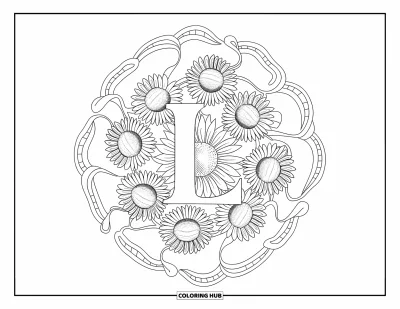 Coloriage de la lettre L pour adultes : L repose au centre d'un mandala rempli de tournesols et de lianes tourbillonnantes