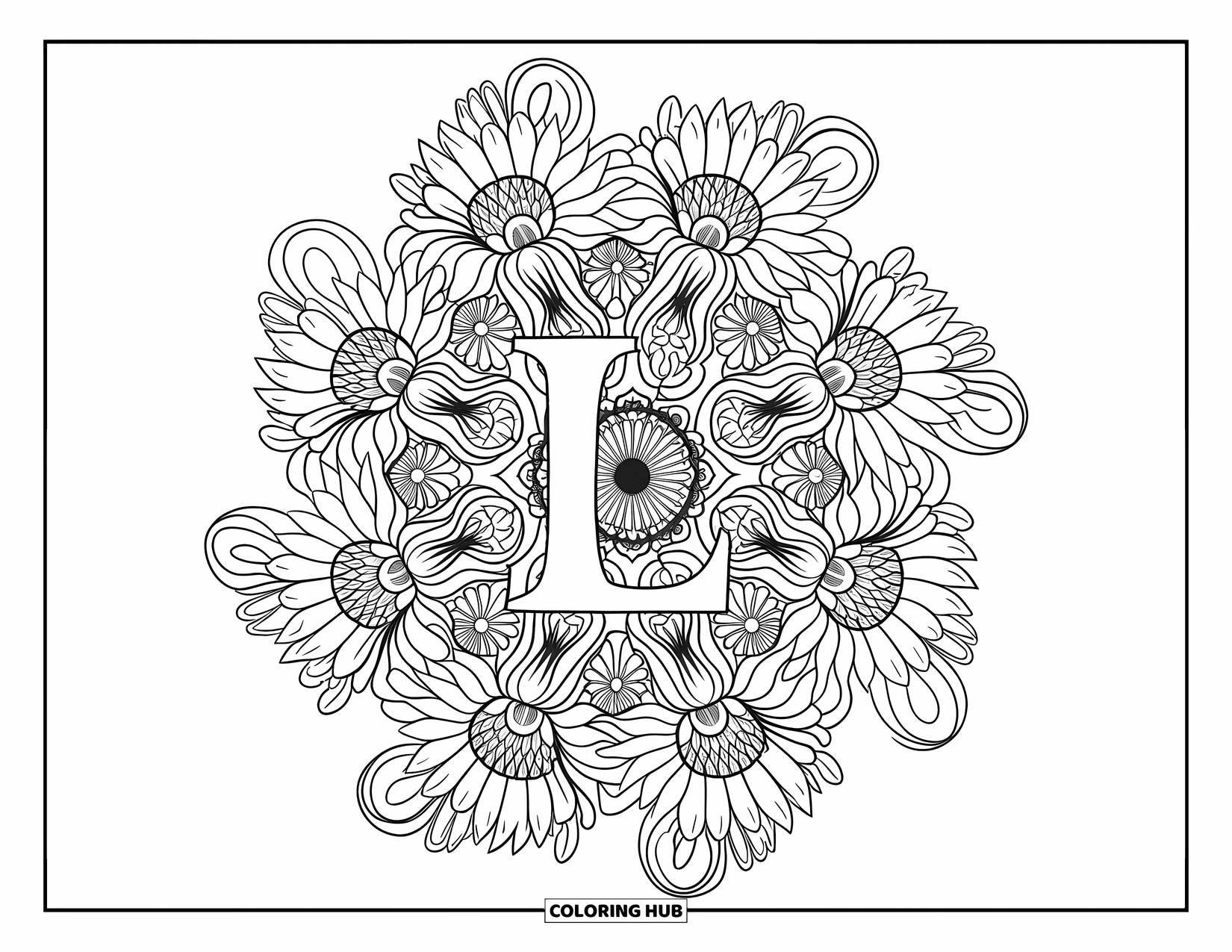Letter L Coloring Page for Adults: L shines in a detailed mandala of sunflowers and curling vines