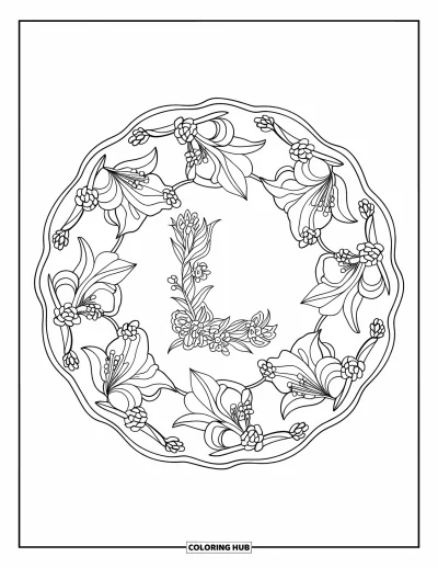 Coloriage de la lettre L pour adultes : L se trouve au centre d'un mandala fleuri avec des roses, des lys et des lianes