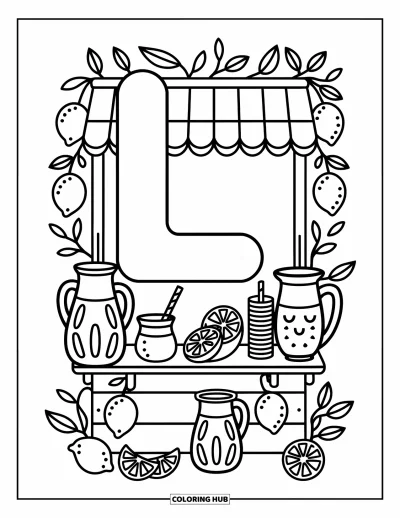 Coloriage de la lettre L pour adultes : L soutient un petit stand de limonade garni de carafes, de verres et d'adorables décorations citronnées