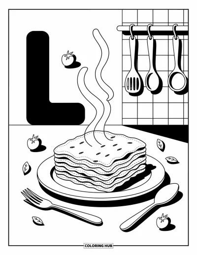 Coloriage de la lettre L pour adultes : La lasagne et la lettre L se trouvent dans une cuisine chaleureuse avec de petites herbes aromatiques et de la vapeur