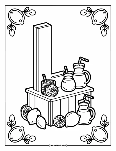 Coloriage de la lettre L pour adultes : La limonade coule à un mignon stand où le L se dresse fièrement avec des citrons et de petits verres