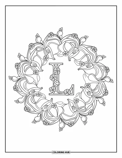 Coloriage de la lettre L pour adultes : Des lys, des lianes et des roses forment un mandala autour d'une grande lettre L