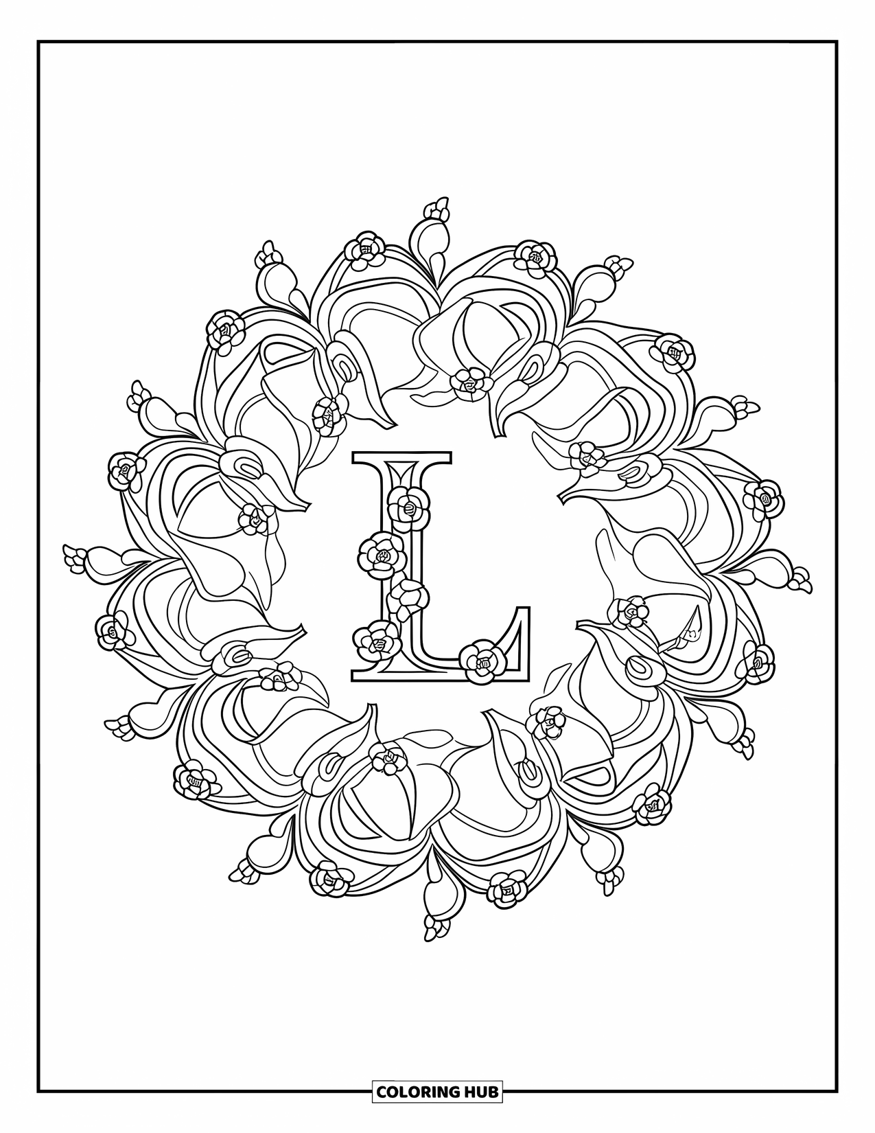Letter L Coloring Page for Adults: Lilies, vines, and roses form a mandala around a bold letter L