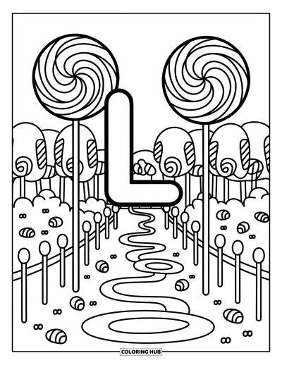 Coloriage de la lettre L pour adultes : Le Pays des Sucettes présente la lettre L, des allées de bonbons, des pastilles et des friandises tourbillonnantes