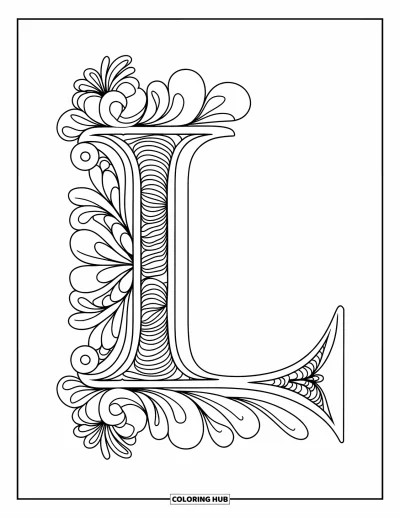 Coloriage de la lettre L pour adultes : Des entrelacs de dentelle et des fleurs encadrent une lettre L magnifiquement ornée