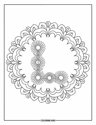 Coloriage de la lettre L pour adultes : La lettre L se fond dans un mandala détaillé de pétales de marguerites et de lianes