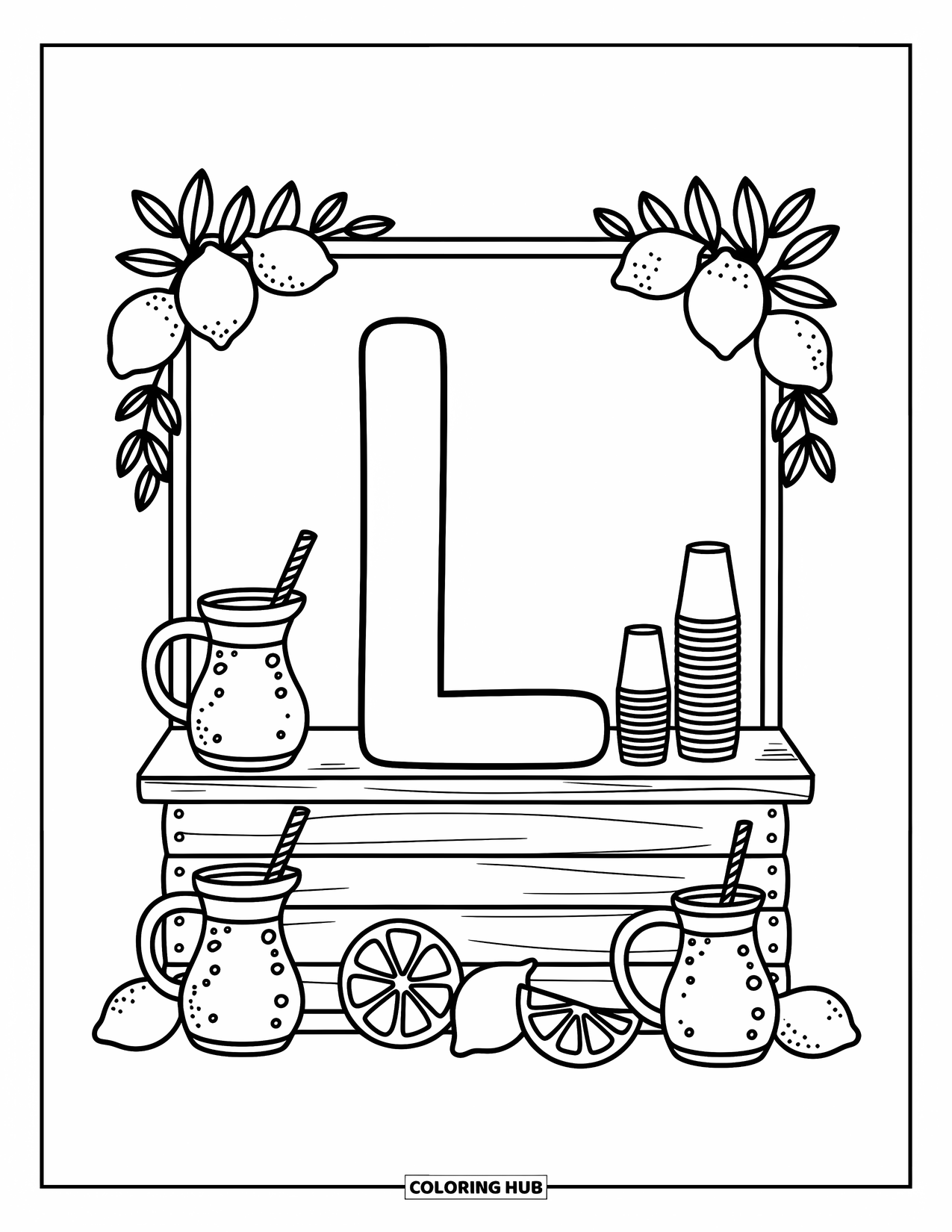 Letter L Coloring Page for Adults: The letter L holds up a cozy lemonade stand with straws, slices, and leaves