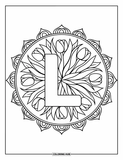 Coloriage de la lettre L pour adultes : La lettre L est nichée dans un mandala rempli de tulipes