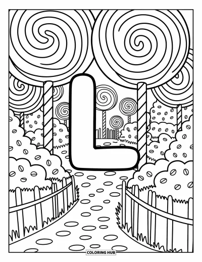 Coloriage de la lettre L pour adultes : La lettre L vous invite dans un pays de sucettes tourbillonnantes et de sentiers de bonbons