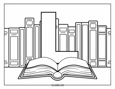 Coloriage de la lettre L pour enfants : Une grande lettre L repose parmi des livres aux pages ouvertes en avant