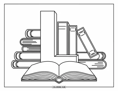 Coloriage de la lettre L pour enfants : Une grande lettre L se dresse fièrement avec des livres de bibliothèque et un livre ouvert