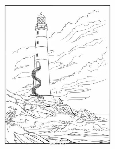 Coloriage de la lettre L pour enfants : Un phare au bord d'une falaise se dresse sous un ciel nuageux
