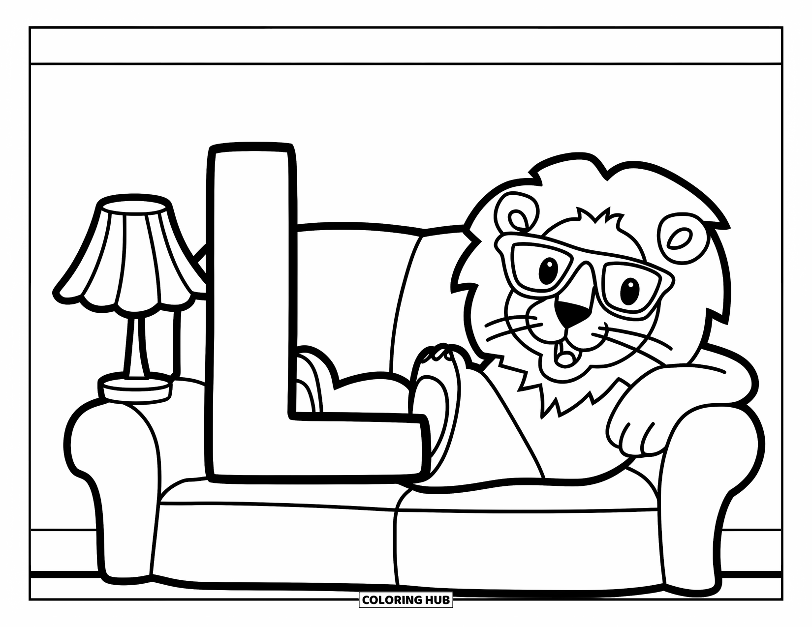 Letter L Coloring Page for Kids: A cozy scene of L and l with a lion on the couch and a lamp